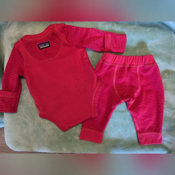Patagonia Pink Striped Onesie And Pant Capilene Baselayer Set 0-3 Month - Picture 3 of 5